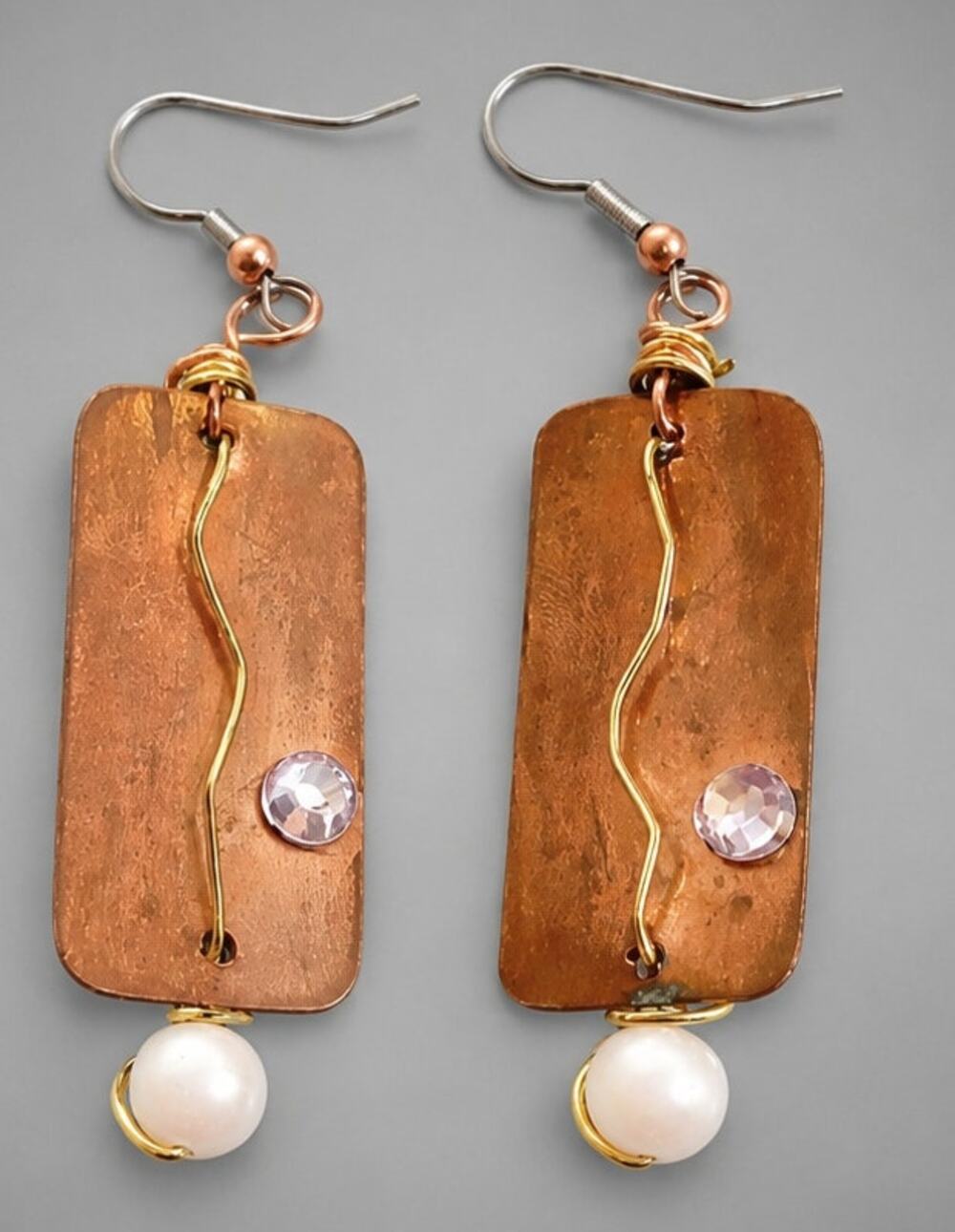 Vintage Copper Dangle Pierced Earrings 3" Long Faux pearl Boho Statement KP_